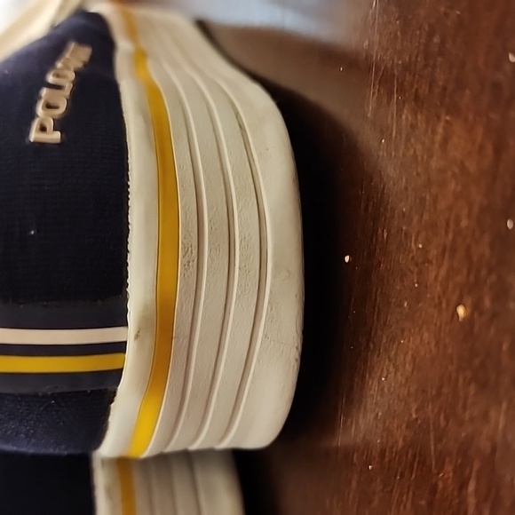 Navy Ralph Lauren Polo Sport sneakers w/yellow stripes, trim & insoles. sz 10 - Picture 4 of 6